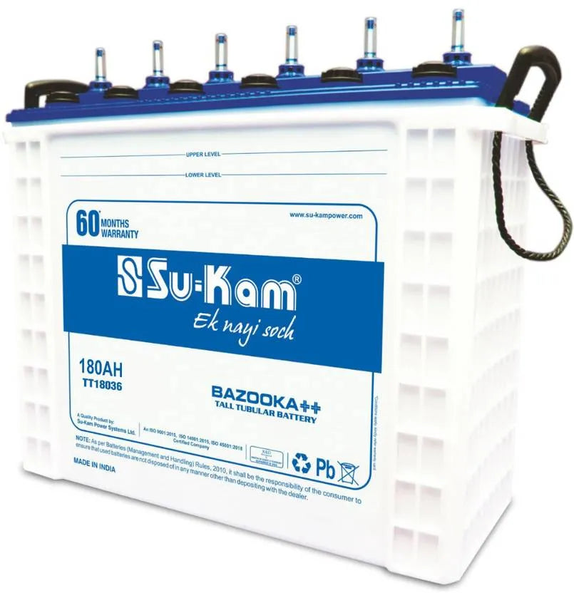 Su-Kam 60 Months Warranty Tubular Inverter Battery (180 Ah, TT18036 Bazooka++)